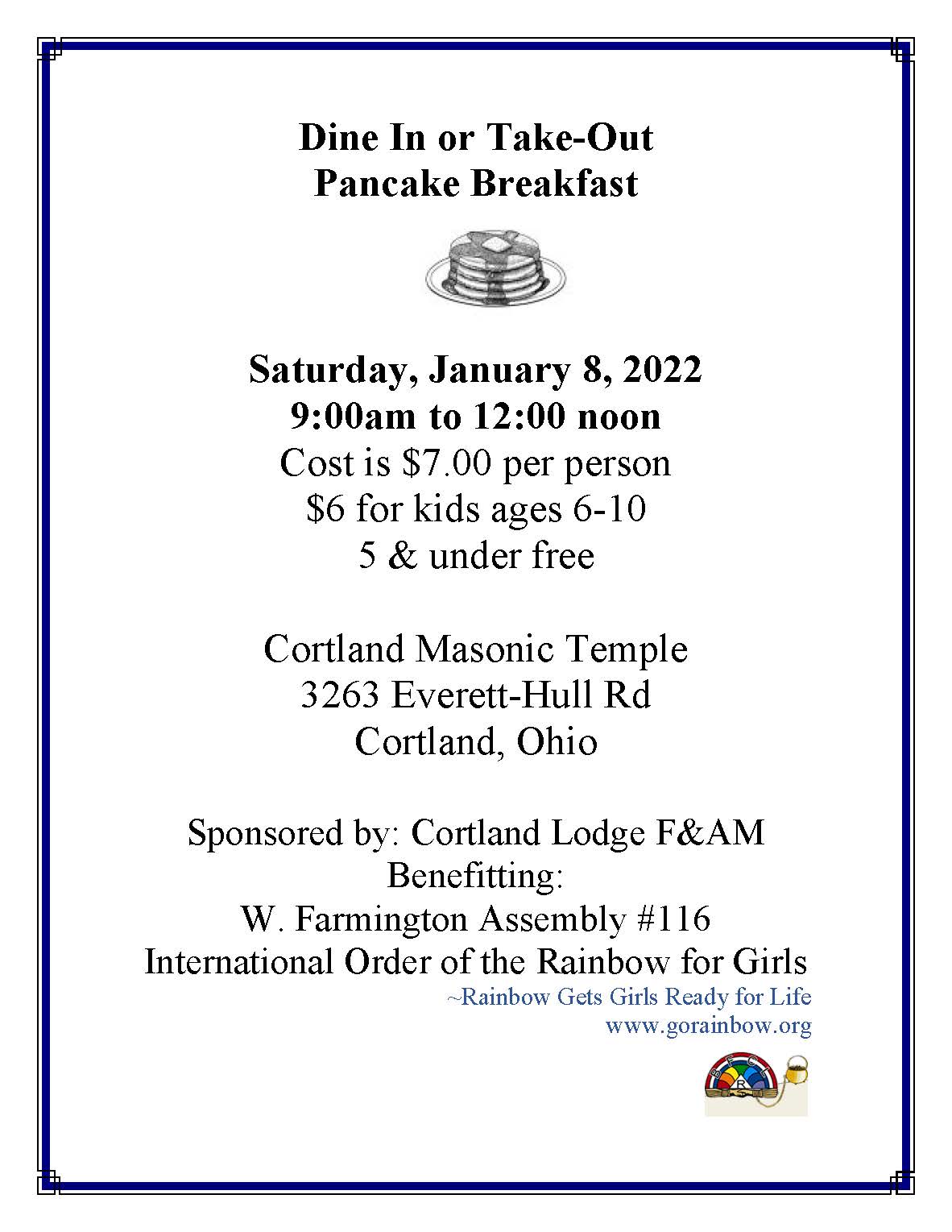 West Farmington Rainbow Pancake Breakfast January 8th, 2022 Warren Trestleboard